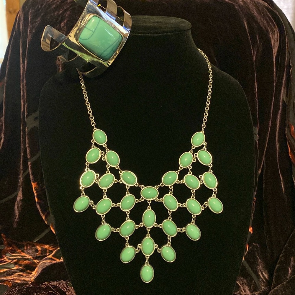 13” adjustable silver tone and turquoise necklace and bracelet.